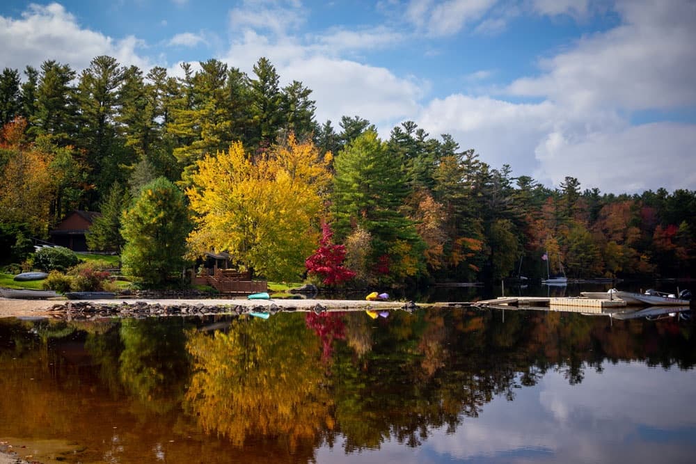 A tranquil lakeside scene with colorful autumn trees reflecting on calm water under a partly cloudy sky.