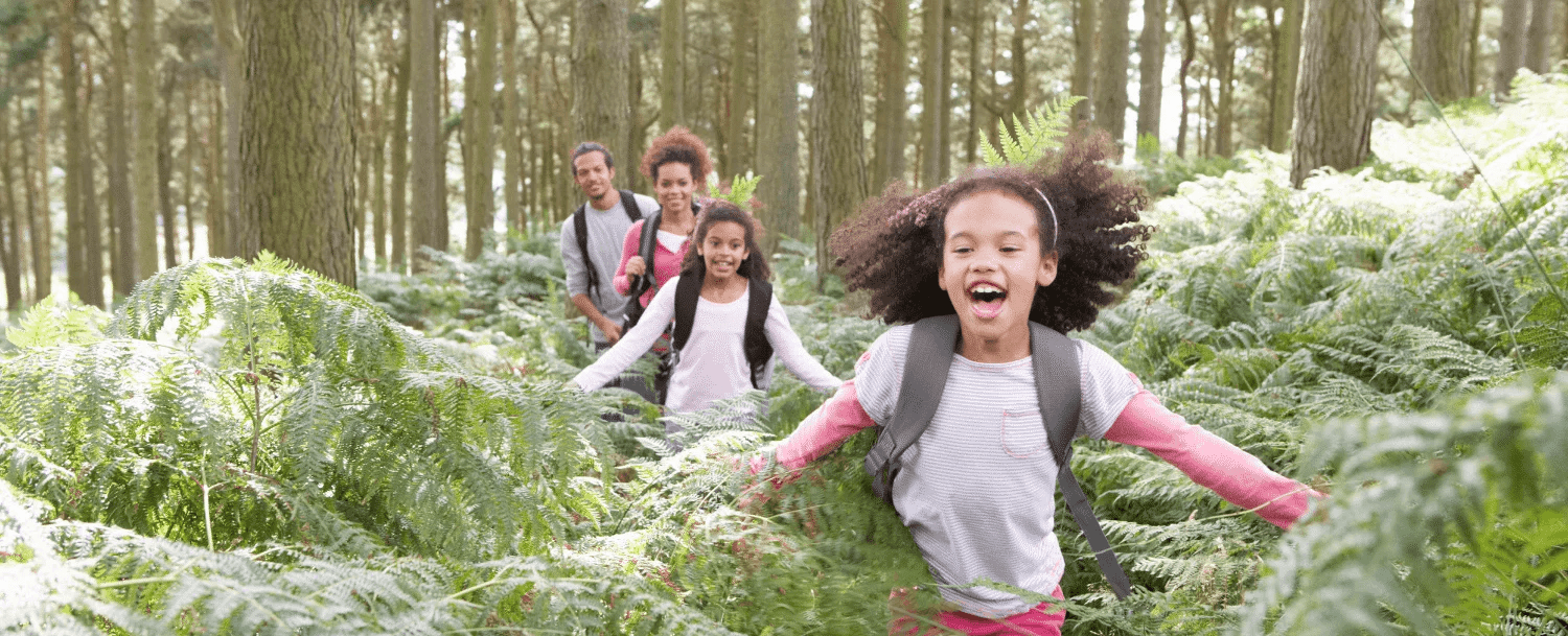 A group of children and adults joyfully hiking through a lush, green forest filled with ferns.