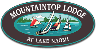 Logo for Mountaintop Lodge at Lake Naomi featuring sailboats on water.