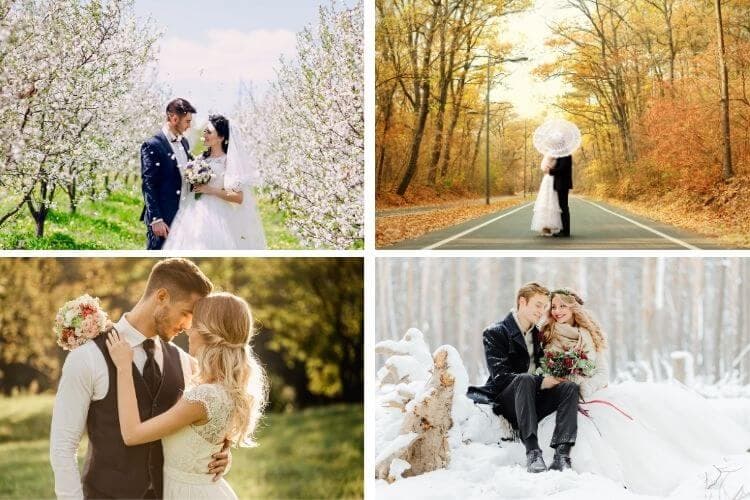 A collage of four romantic wedding-themed photos set in spring, autumn, and winter landscapes.