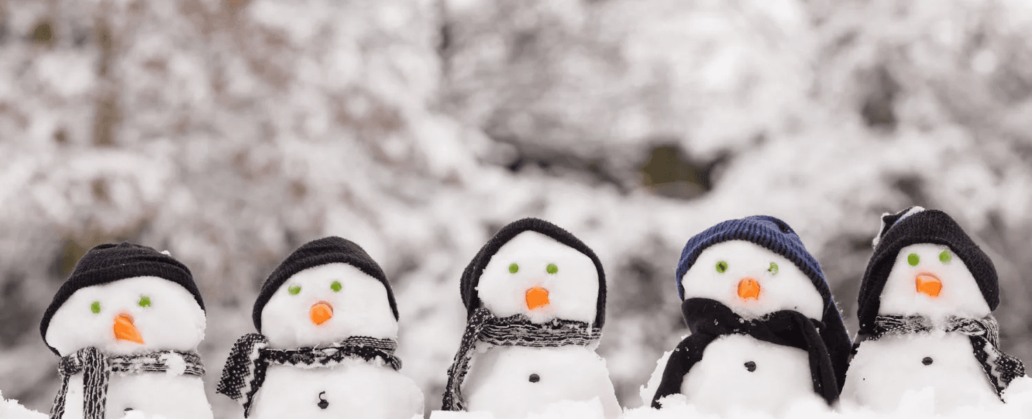 Five snowmen wearing scarves and hats stand in a snowy landscape.