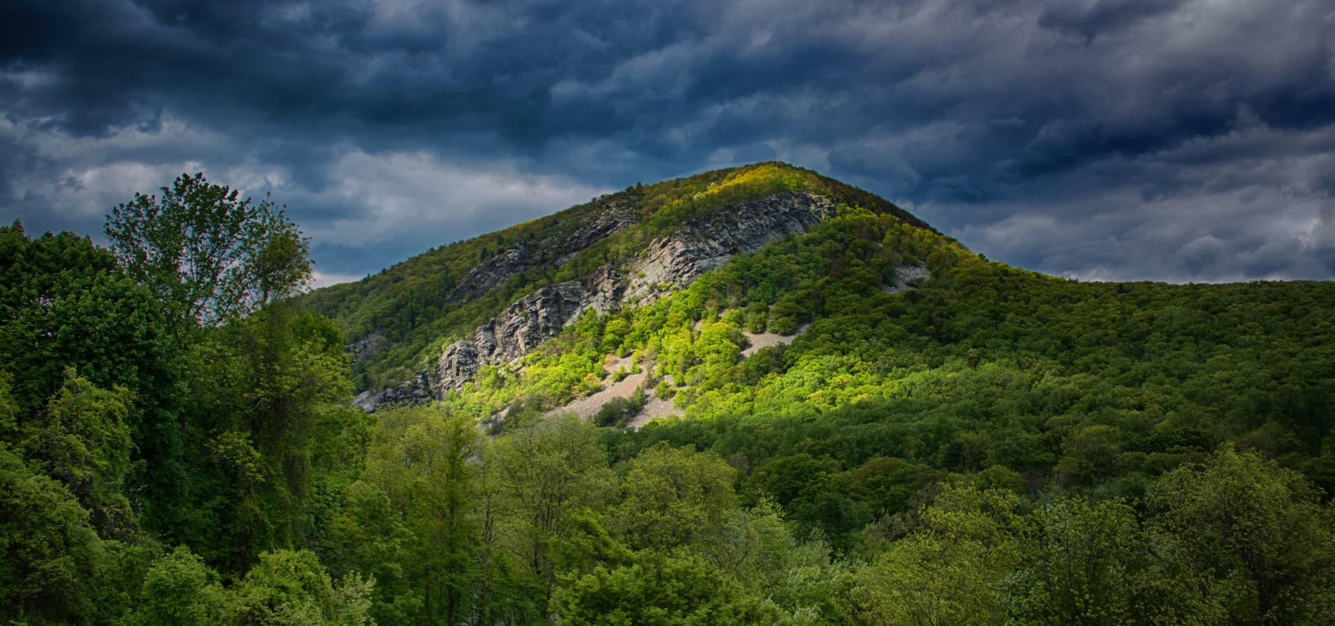 A sunlit hillside covered in lush greenery under a cloudy sky.