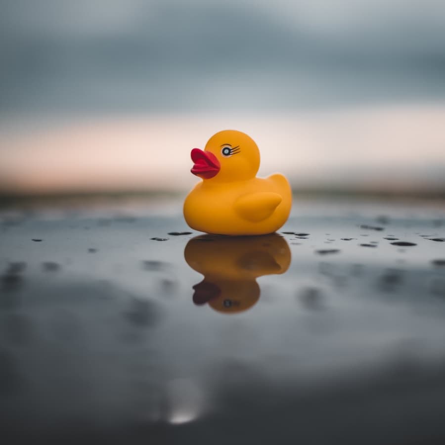A rubber duck sits on a reflective surface with a cloudy background.