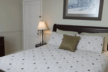 Cozy bedroom featuring a neatly made bed, a bedside lamp, and a framed painting on the wall.