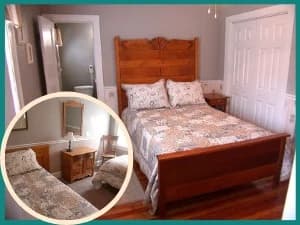A bedroom with a comfy bed, and another smaller image of another bed in the room