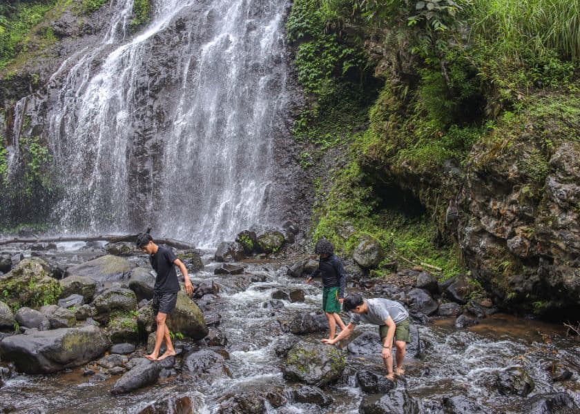 Three guys walking on rocks in a stream beneath a large waterfall surrounded by greenery Three guys walking on rocks in a stream beneath a large waterfall surrounded by greenery